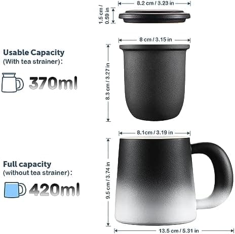 Ecoe TEETASSE Mit Teesieb Und Deckel, 420ml Keramik Tasse Für Losen Tee Große Teetassen Schwarz Und Weiß Gradienten Teeb