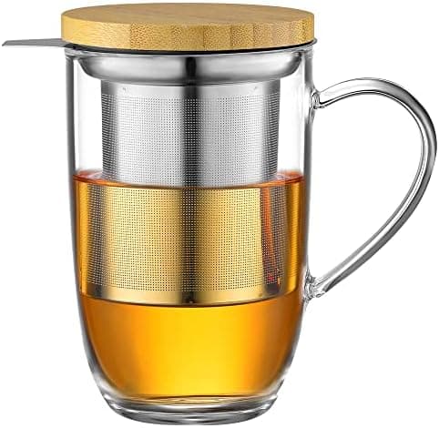 EcoOE 440 ml Borosilikat Teetasse mit Ultrafein Edelstahl Sieb und Natürlicher Bambus Deckel für Koffeinfreie Getränke