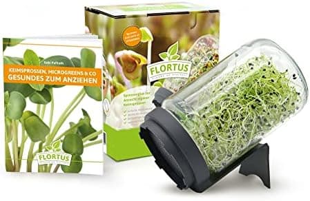 Sprossenglas Set FLORTUS 720ml frische Keimsprossen Anzucht - Sprossen Anzuchtset mit Siebdeckel & Ständer für leckere M