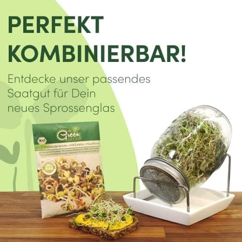 Original Sprossenglas 2er Set + KRESSESIEB + Saatgut-Set - Hochwertiges Edelstahl-Gitter, Ständer und Keramikschale [USA