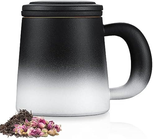 Ecoe TEETASSE Mit Teesieb Und Deckel, 420ml Keramik Tasse Für Losen Tee Große Teetassen Schwarz Und Weiß Gradienten Teeb