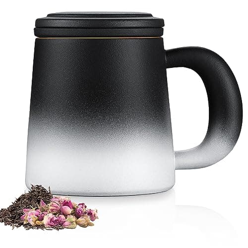 Ecoe TEETASSE Mit Teesieb Und Deckel, 420ml Keramik Tasse Für Losen Tee Große Teetassen Schwarz Und Weiß Gradienten Teeb