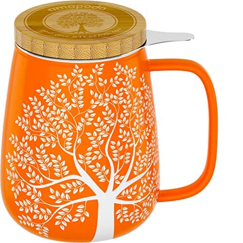 Amapodo XXL Teetasse - Plastikfreie 600ml Porzellantasse mit Deckel und Sieb - Weiß - Perfekt für Tee-Liebhaber - Großes