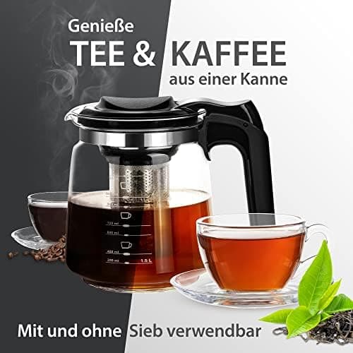 T24 Glas Teekanne mit Hitzebeständigem Edelstahl Filter für Losen Tee - 1250ml - Überhitzungsschutz und Siebeingebaust