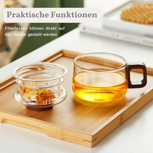 JanYoo Glas Teetasse mit Deckel und Sieb | Ideal für den Hausfrau | Für den Zuhause genossenen Tee | Transparent, 200ml,