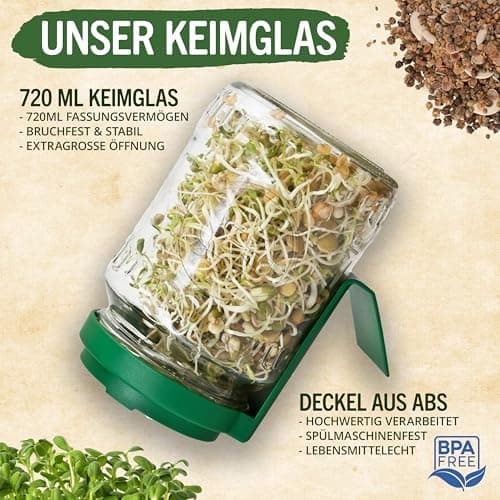 Sprossenglas Set (2er Set) + Bio Sprossen Samen (6 x Teil) inkl. Keimglas (Anthrazit) EU Organic