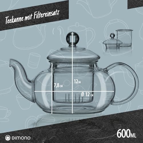 Dimono Mundgeblasene Teekanne mit Teefilter 600 ml perfekt für Teeblumen