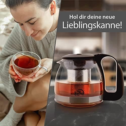 T24 Glas Teekanne mit Hitzebeständigem Edelstahl Filter für Losen Tee - 1250ml - Überhitzungsschutz und Siebeingebaust