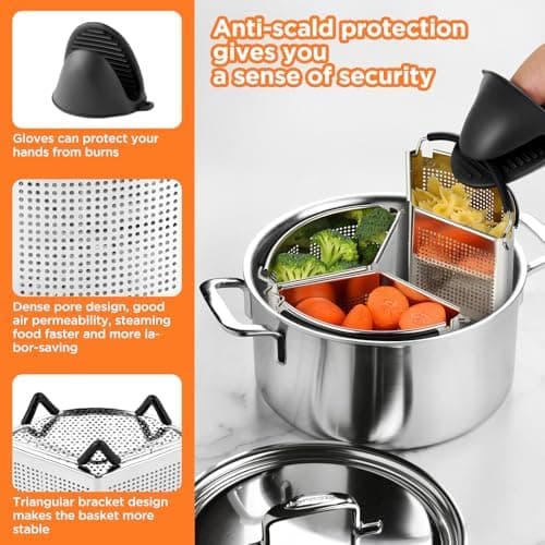 Ecooe Nudelsieb Edelstahl 19cm Kochen von Nudeln, Gemüse und Eiern mit Silikonhandschuhen und Grifftopf