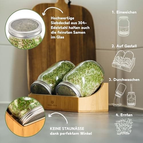 BEAR PAW® Sprossenglas 2er Set - 1000ml Keimglas für Sprossen Keimlinge - inkl. Bambushalterung & Abdunklungshüllen, Gra