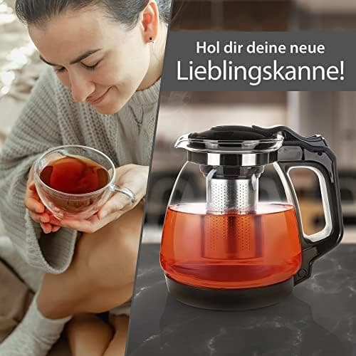 T24 Glas Teekanne mit Hitzebeständigem Edelstahl Filter für Losen Tee - 1250ml - Überhitzungsschutz und Siebeingebaust