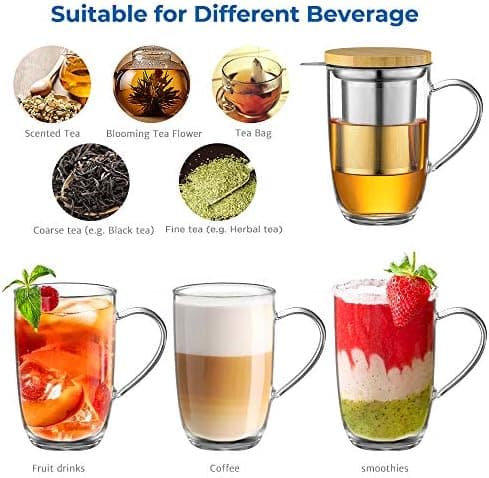 EcoOE 440 ml Borosilikat Teetasse mit Ultrafein Edelstahl Sieb und Natürlicher Bambus Deckel für Koffeinfreie Getränke