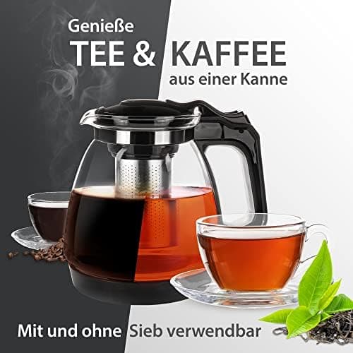 T24 Glas Teekanne mit Hitzebeständigem Edelstahl Filter für Losen Tee - 1250ml - Überhitzungsschutz und Siebeingebaust