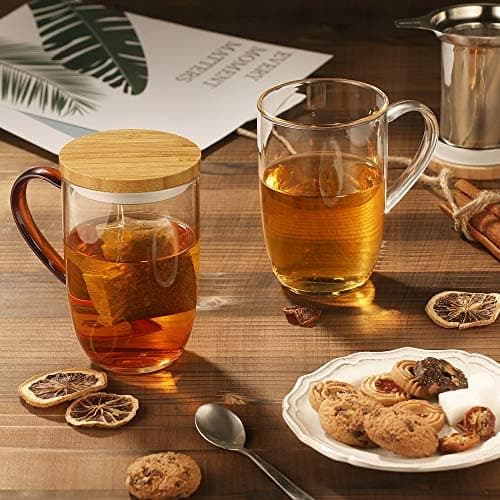 EcoOE 440 ml Borosilikat Teetasse mit Ultrafein Edelstahl Sieb und Natürlicher Bambus Deckel für Koffeinfreie Getränke