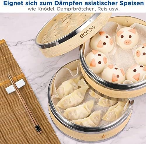 Ecooe 2 Etagen Bambusdämpfer mit verstärktem Edelstahllipt, perfekt für die whole family im Bad, Dämpfung von 25cm mit B