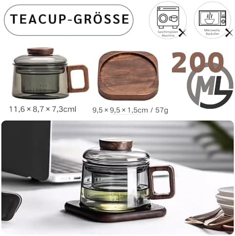 JanYoo Glas Teetasse mit Deckel und Sieb | Ideal für den Hausfrau | Für den Zuhause genossenen Tee | Transparent, 200ml,