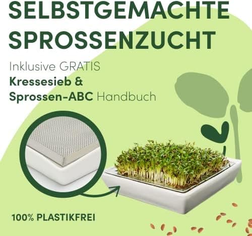 Original Sprossenglas 2er Set + KRESSESIEB + Saatgut-Set - Hochwertiges Edelstahl-Gitter, Ständer und Keramikschale [USA