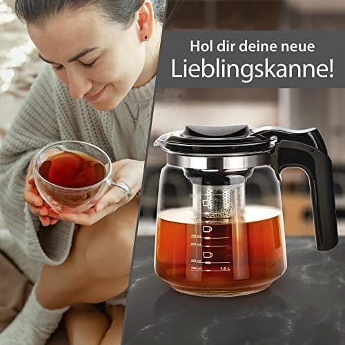T24 Glas Teekanne mit Hitzebeständigem Edelstahl Filter für Losen Tee - 1250ml - Überhitzungsschutz und Siebeingebaust