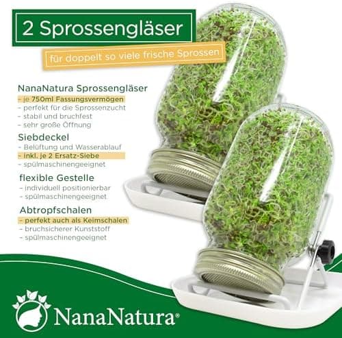 Nananatura Keimgläser Doppelpack | Perfekt zum Sprossen ziehen | 2er-Set inkl. Edelstahl-Gitterdeckel, Ständer & Schalen