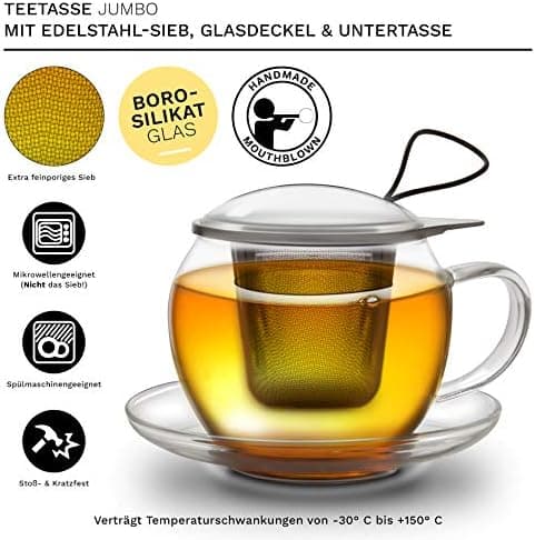 Creano JUMBO Tee-Tasse XXL aus Glas mit Henkel und integriertem Edelstahlsieb für Feierabend │ leicht transportationfähi