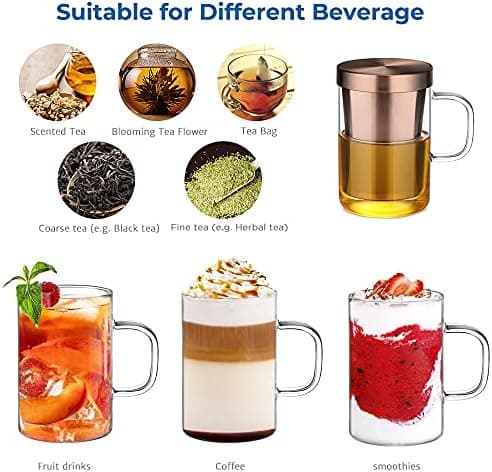 EcoOE 440 ml Borosilikat Teetasse mit Ultrafein Edelstahl Sieb und Natürlicher Bambus Deckel für Koffeinfreie Getränke