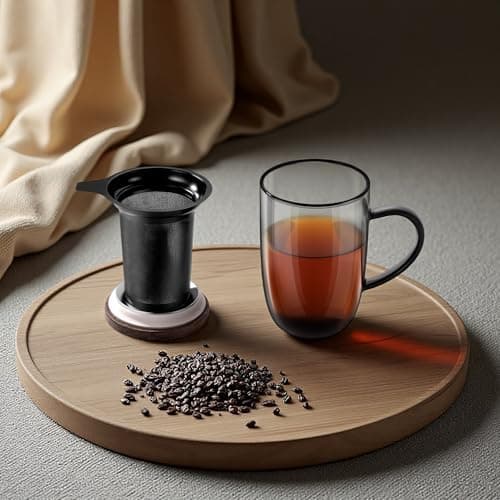 EcoOE 440 ml Borosilikat Teetasse mit Ultrafein Edelstahl Sieb und Natürlicher Bambus Deckel für Koffeinfreie Getränke