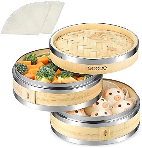 Ecooe 2 Etagen Bambusdämpfer mit verstärktem Edelstahllipt, perfekt für die whole family im Bad, Dämpfung von 25cm mit B