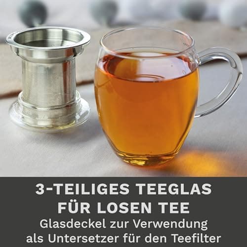 Creano Teeglas all in one 400ml - Große Teetasse mit Edelstahlsieb und Glasdeckel für echten Geschmack (1x 400ml)  
Crea