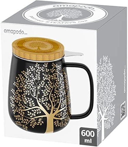 Amapodo XXL Teetasse - Plastikfreie 600ml Porzellantasse mit Deckel und Sieb - Weiß - Perfekt für Tee-Liebhaber - Großes