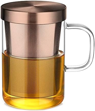 EcoOE 440 ml Borosilikat Teetasse mit Ultrafein Edelstahl Sieb und Natürlicher Bambus Deckel für Koffeinfreie Getränke