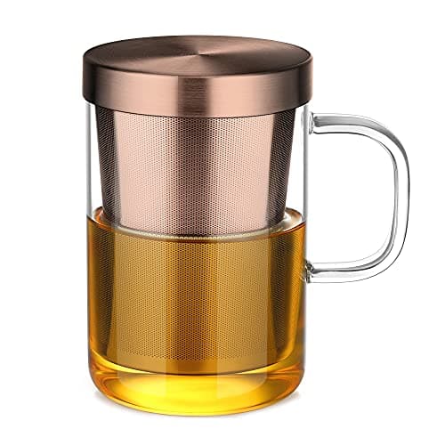EcoOE 440 ml Borosilikat Teetasse mit Ultrafein Edelstahl Sieb und Natürlicher Bambus Deckel für Koffeinfreie Getränke
