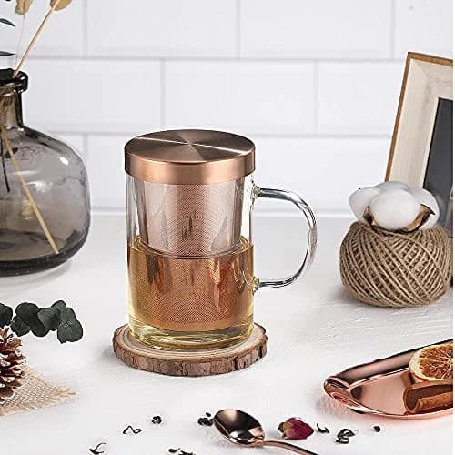 EcoOE 440 ml Borosilikat Teetasse mit Ultrafein Edelstahl Sieb und Natürlicher Bambus Deckel für Koffeinfreie Getränke