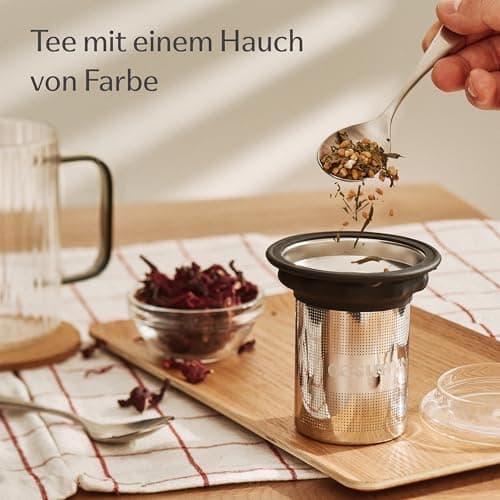 Cosumy Hitzebeständige Teetasse 450ml Schwarz - Farbgriff aus Borosilikat Glas mit Korkuntersetzer und Edelstahlfilter