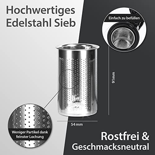 T24 Glas Teekanne mit Hitzebeständigem Edelstahl Filter für Losen Tee - 1250ml - Überhitzungsschutz und Siebeingebaust