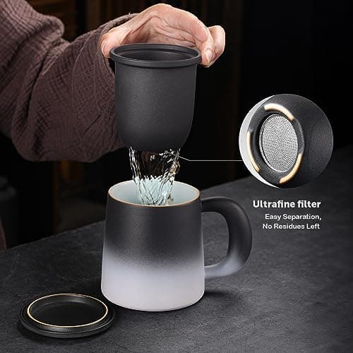 Ecoe TEETASSE Mit Teesieb Und Deckel, 420ml Keramik Tasse Für Losen Tee Große Teetassen Schwarz Und Weiß Gradienten Teeb