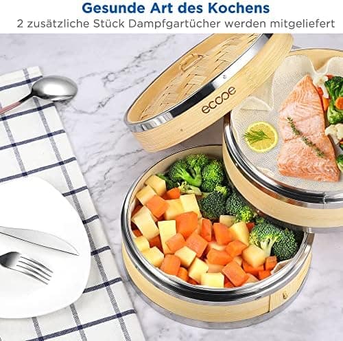 Ecooe 2 Etagen Bambusdämpfer mit verstärktem Edelstahllipt, perfekt für die whole family im Bad, Dämpfung von 25cm mit B