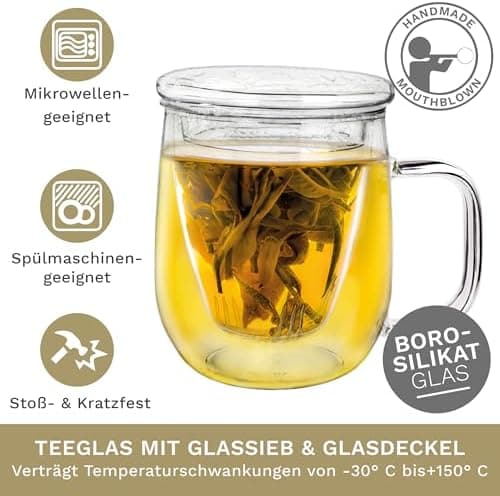 Creano Teeglas All-In-One, große Teetasse mit Sieb und Deckel aus Glas für Tee liebende Frauen und Männer bei jeder Gele