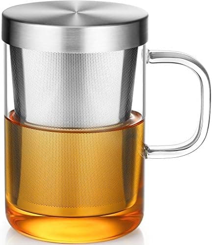 EcoOE 440 ml Borosilikat Teetasse mit Ultrafein Edelstahl Sieb und Natürlicher Bambus Deckel für Koffeinfreie Getränke
