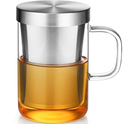 EcoOE 440 ml Borosilikat Teetasse mit Ultrafein Edelstahl Sieb und Natürlicher Bambus Deckel für Koffeinfreie Getränke