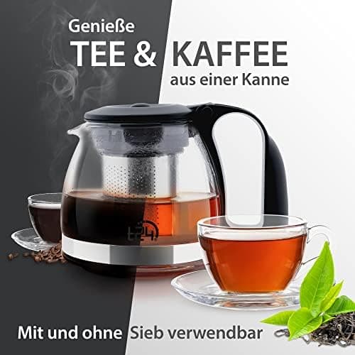 T24 Glas Teekanne mit Hitzebeständigem Edelstahl Filter für Losen Tee - 1250ml - Überhitzungsschutz und Siebeingebaust
