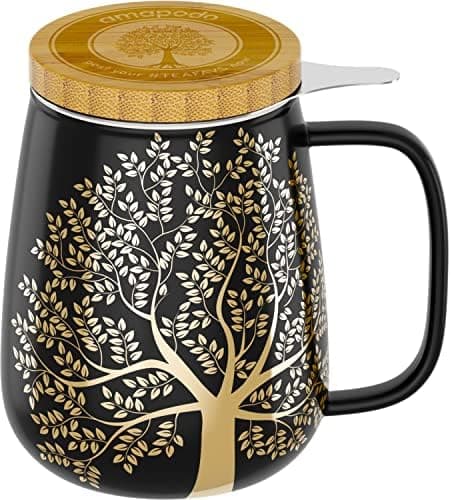 Amapodo XXL Teetasse - Plastikfreie 600ml Porzellantasse mit Deckel und Sieb - Weiß - Perfekt für Tee-Liebhaber - Großes