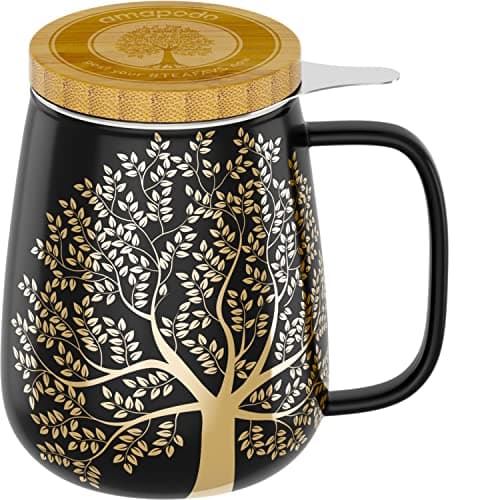 Amapodo XXL Teetasse - Plastikfreie 600ml Porzellantasse mit Deckel und Sieb - Weiß - Perfekt für Tee-Liebhaber - Großes