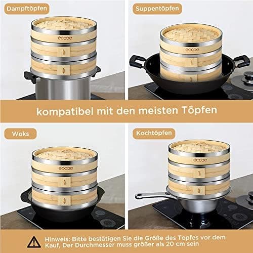 Ecooe 2 Etagen Bambusdämpfer mit verstärktem Edelstahllipt, perfekt für die whole family im Bad, Dämpfung von 25cm mit B
