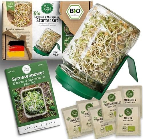Sprossenglas Set (2er Set) + Bio Sprossen Samen (6 x Teil) inkl. Keimglas (Anthrazit) EU Organic