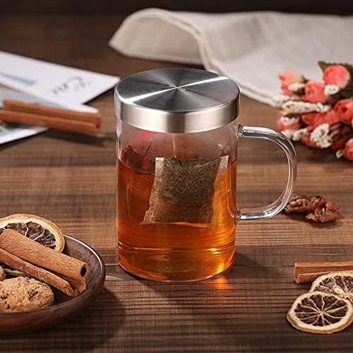 EcoOE 440 ml Borosilikat Teetasse mit Ultrafein Edelstahl Sieb und Natürlicher Bambus Deckel für Koffeinfreie Getränke