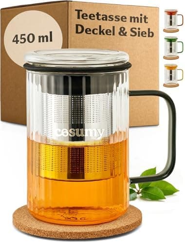 Cosumy Hitzebeständige Teetasse 450ml Schwarz - Farbgriff aus Borosilikat Glas mit Korkuntersetzer und Edelstahlfilter