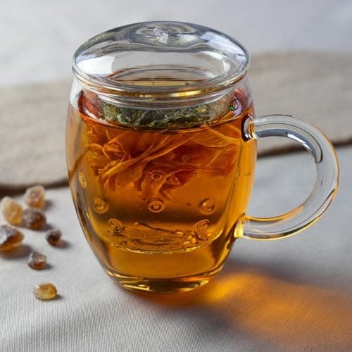 Creano Teeglas All-In-One, große Teetasse mit Sieb und Deckel aus Glas für Tee liebende Frauen und Männer bei jeder Gele