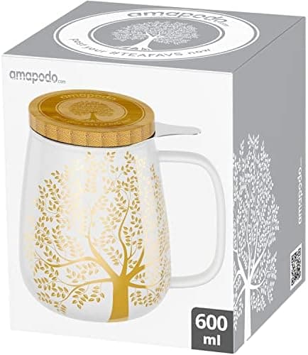 Amapodo XXL Teetasse - Plastikfreie 600ml Porzellantasse mit Deckel und Sieb - Weiß - Perfekt für Tee-Liebhaber - Großes