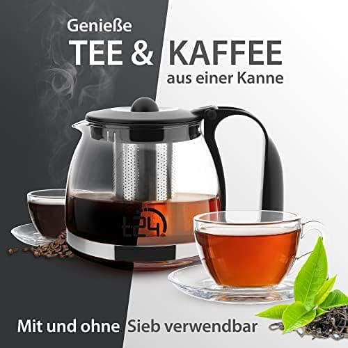 T24 Glas Teekanne mit Hitzebeständigem Edelstahl Filter für Losen Tee - 1250ml - Überhitzungsschutz und Siebeingebaust