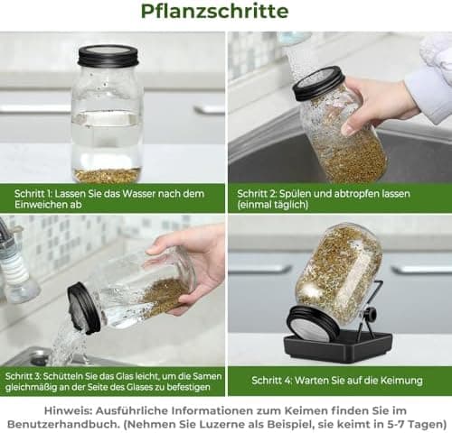 Ecooe Sprossen Keimglas 1er Set Schwarz Wasserspeicherung und Filtrierung für Sprossenkeimung Edelstahl 304 Filtergitter